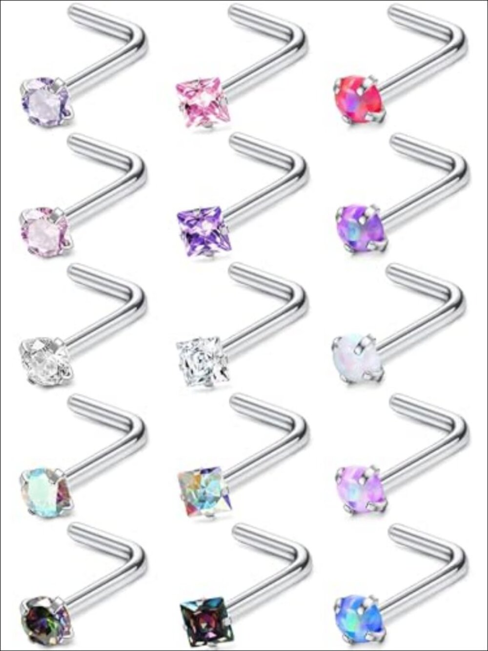 Hypoallergenic Stainless Steel Nose Rings Studs Set L Shape Corkscrew 18G 20G